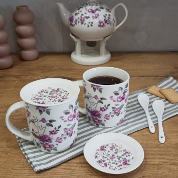 Kpl 2 kubków porcelanowych na kawę herbatę 340 ML spodkami i łyżeczkami