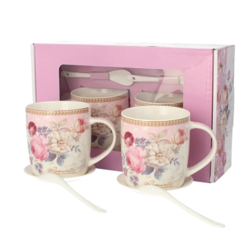 Kpl 2 kubków porcelanowych na kawę herbatę 340 ML spodkami i łyżeczkami