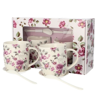 Kpl 2 kubków porcelanowych na kawę herbatę 340 ML spodkami i łyżeczkami