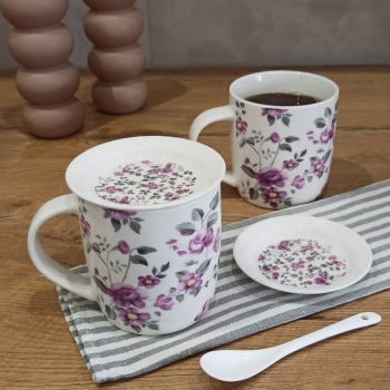 Kpl 2 kubków porcelanowych na kawę herbatę 340 ML spodkami i łyżeczkami