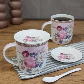 Kpl 2 kubków porcelanowych na kawę herbatę 340 ML spodkami i łyżeczkami