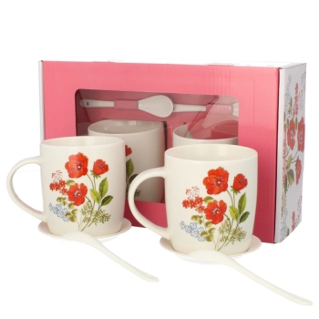 Kpl 2 kubków porcelanowych na kawę herbatę 340 ML spodkami i łyżeczkami