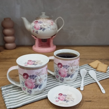 Kpl 2 kubków porcelanowych na kawę herbatę 340 ML spodkami i łyżeczkami