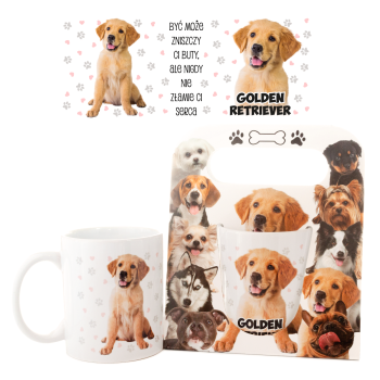 Kubek ceramiczny w ozdobnym opakowaniu - Golden Retriever - "Być może zniszczy ci buty, ale nigdy nie ..."